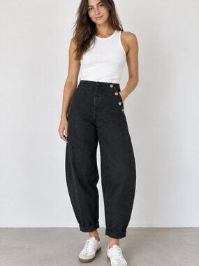 Zara Black Side Button slight Barrel Jeans US 2